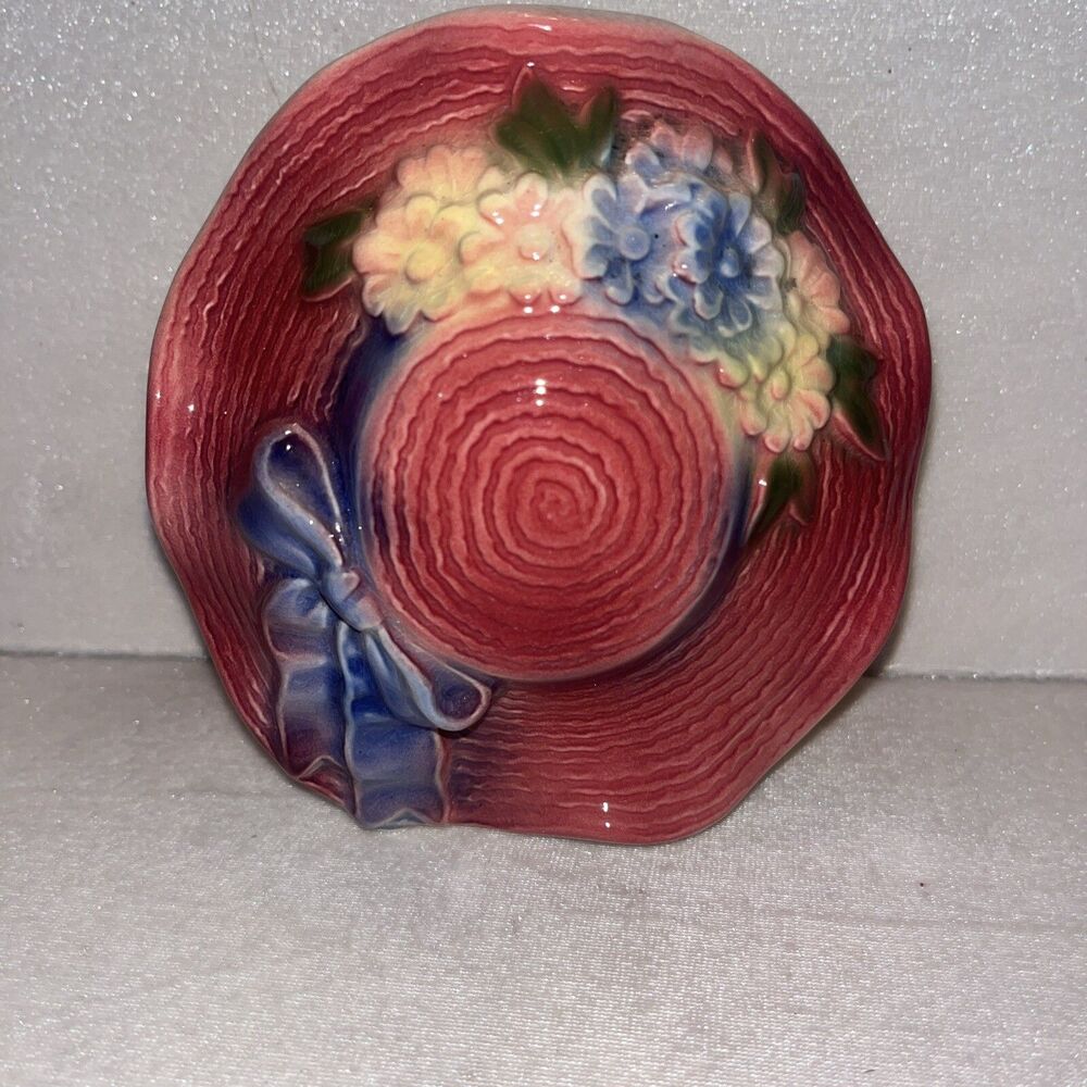 Vintage Royal Copley Wall Pocket Vase Dark Pink bonnet w Flowers And Blue Bow